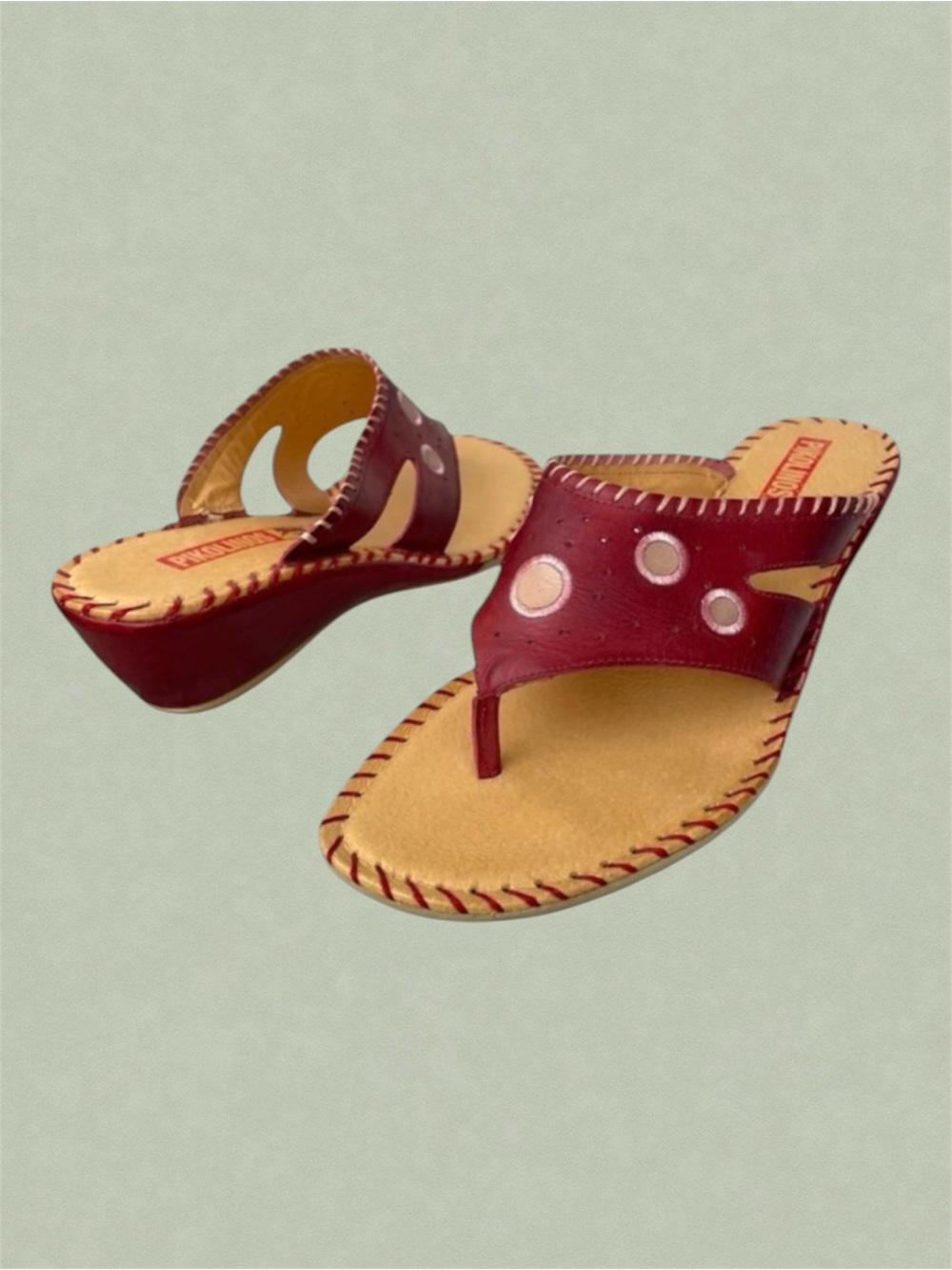 Pikolinos Leather Sandals 39 Thong Bohemian Red Tan Spain Y2k 90s Festival